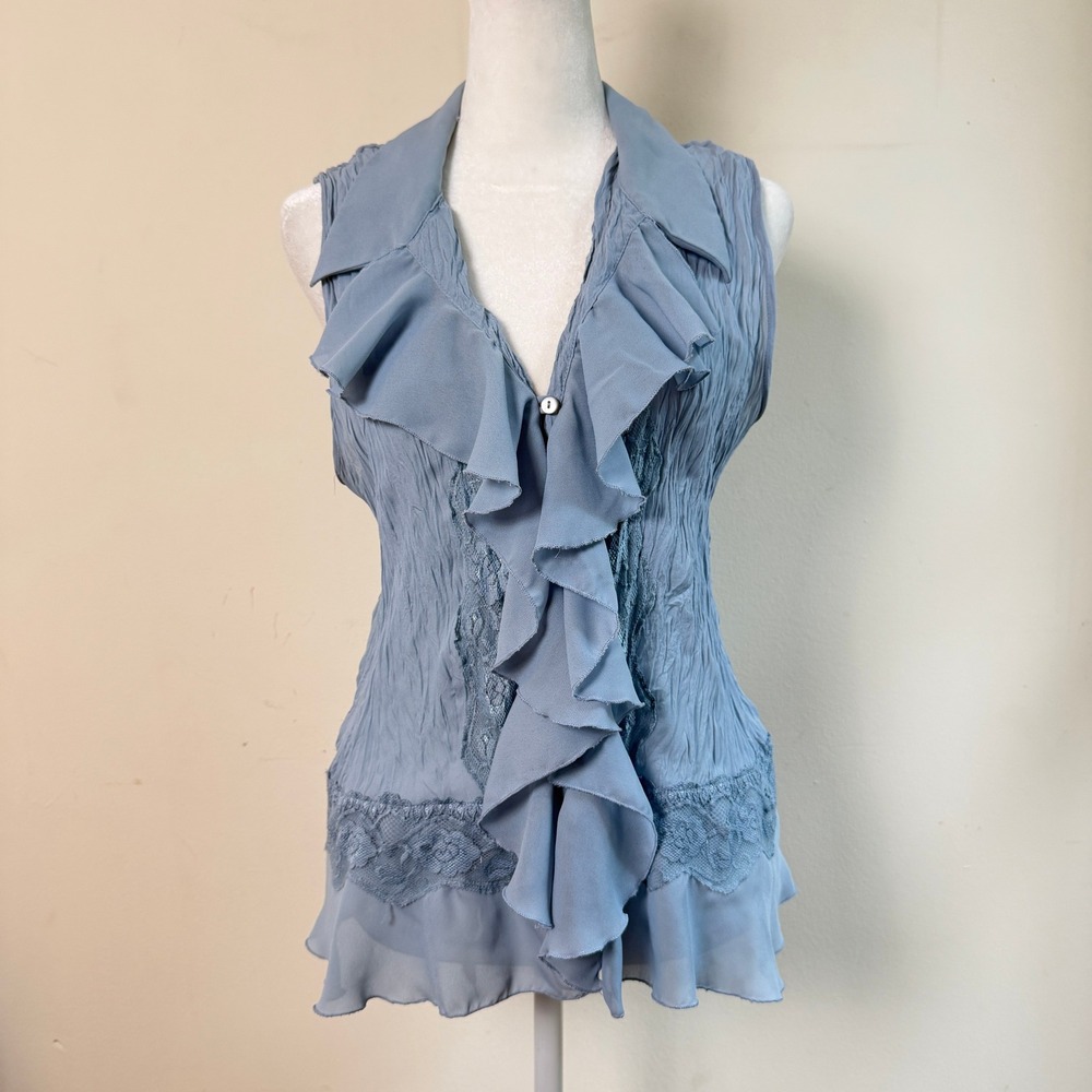 Mandee Y2K Wrinkle Pleats Ruffle Lace Sleeveless Blouse Crinkle Blue XL